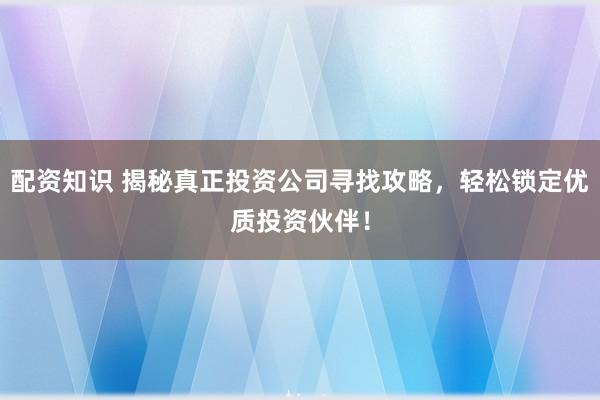 配资知识 揭秘真正投资公司寻找攻略，轻松锁定优质投资伙伴！