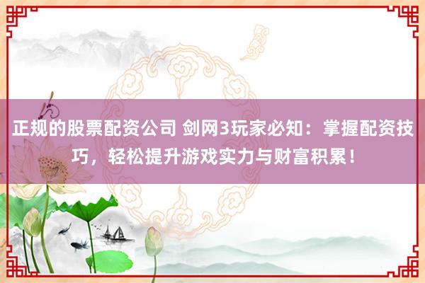 正规的股票配资公司 剑网3玩家必知：掌握配资技巧，轻松提升游戏实力与财富积累！